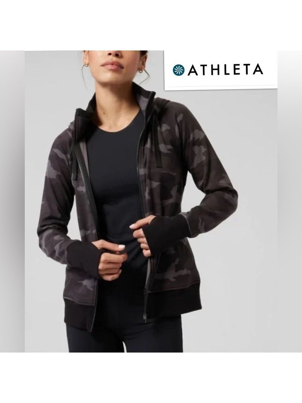 ATHLETA Triumph size SM Workout/Running Hoodie Gypsum Camo Soft Breathable